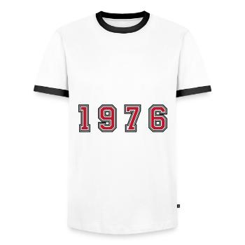 Numéro de l’année 1976 - T-shirt contrasté Homme - blanc/noir - Devant - AI Model Female 172 light (172cm) & AI Model Male 178 dark (178cm)
