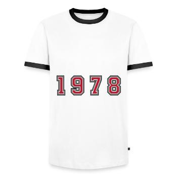 Numéro de l’année 1978 - T-shirt contrasté Homme - blanc/noir - Devant - AI Model Female 172 light (172cm) & AI Model Male 178 dark (178cm)