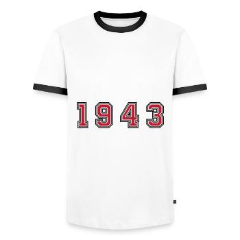1943 year number - Men's Ringer Shirt - white/black - Front - AI Model Female 172 light (172cm) & AI Model Male 178 dark (178cm)