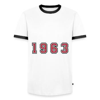 Numéro de l’année 1963 - T-shirt contrasté Homme - blanc/noir - Devant - AI Model Female 172 light (172cm) & AI Model Male 178 dark (178cm)