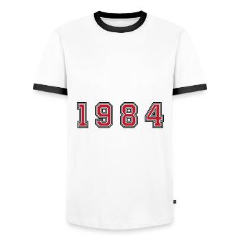 Numéro de l’année 1984 - T-shirt contrasté Homme - blanc/noir - Devant - AI Model Female 172 light (172cm) & AI Model Male 178 dark (178cm)