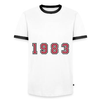 Numéro de l’année 1983 - T-shirt contrasté Homme - blanc/noir - Devant - AI Model Female 172 light (172cm) & AI Model Male 178 dark (178cm)