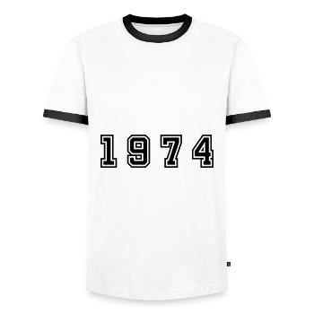 Numéro de l’année 1974 - T-shirt contrasté Homme - blanc/noir - Devant - AI Model Female 172 light (172cm) & AI Model Male 178 dark (178cm)