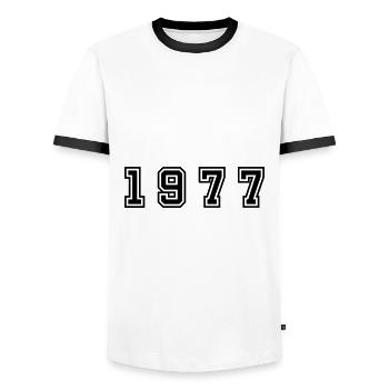 1977 Jahr Zahl - Männer Kontrast-T-Shirt - Weiß/Schwarz - Vorne - AI Model Female 172 light (172cm) & AI Model Male 178 dark (178cm)