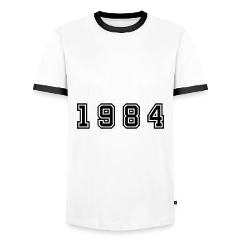 Numéro de l’année 1984 - T-shirt contrasté Homme - blanc/noir - Devant - AI Model Female 172 light (172cm) & AI Model Male 178 dark (178cm)