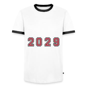 2029 year number - Men's Ringer Shirt - white/black - Front - AI Model Female 172 light (172cm) & AI Model Male 178 dark (178cm)