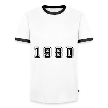 Numéro de l’année 1980 - T-shirt contrasté Homme - blanc/noir - Devant - AI Model Female 172 light (172cm) & AI Model Male 178 dark (178cm)