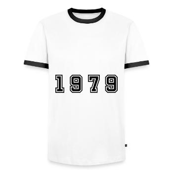Numéro de l’année 1979 - T-shirt contrasté Homme - blanc/noir - Devant - AI Model Female 172 light (172cm) & AI Model Male 178 dark (178cm)