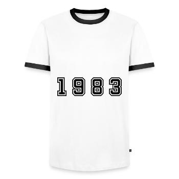 Numéro de l’année 1983 - T-shirt contrasté Homme - blanc/noir - Devant - AI Model Female 172 light (172cm) & AI Model Male 178 dark (178cm)