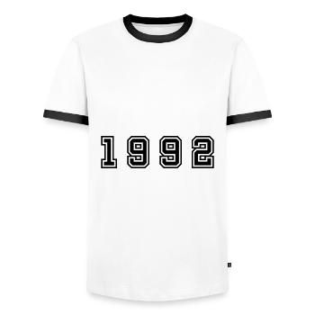 Numéro de l’année 1992 - T-shirt contrasté Homme - blanc/noir - Devant - AI Model Female 172 light (172cm) & AI Model Male 178 dark (178cm)