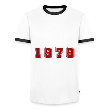 Numéro de l’année 1979 - T-shirt contrasté Homme - blanc/noir - Devant - AI Model Female 172 light (172cm) & AI Model Male 178 dark (178cm)