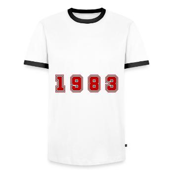 Numéro de l’année 1983 - T-shirt contrasté Homme - blanc/noir - Devant - AI Model Female 172 light (172cm) & AI Model Male 178 dark (178cm)
