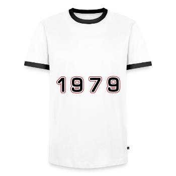 Numéro d’année 1979 - T-shirt contrasté Homme - blanc/noir - Devant - AI Model Female 172 light (172cm) & AI Model Male 178 dark (178cm)