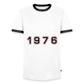 Numéro de l’année 1976 - T-shirt contrasté Homme - blanc/noir - Devant - AI Model Female 172 light (172cm) & AI Model Male 178 dark (178cm)
