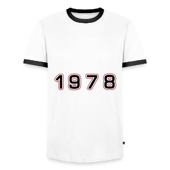 Numéro de l’année 1978 - T-shirt contrasté Homme - blanc/noir - Devant - AI Model Female 172 light (172cm) & AI Model Male 178 dark (178cm)
