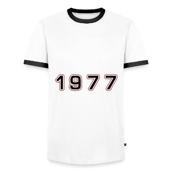 1977 Jahr Zahl - Männer Kontrast-T-Shirt - Weiß/Schwarz - Vorne - AI Model Female 172 light (172cm) & AI Model Male 178 dark (178cm)