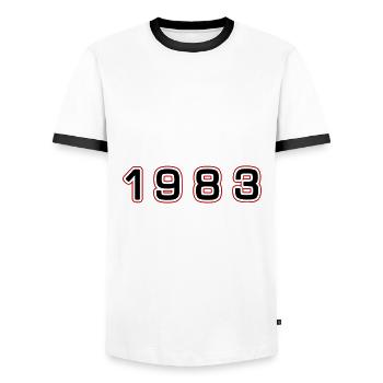 Numéro de l’année 1983 - T-shirt contrasté Homme - blanc/noir - Devant - AI Model Female 172 light (172cm) & AI Model Male 178 dark (178cm)
