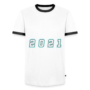 2021 Year Number - Men's Ringer Shirt - white/black - Front - AI Model Female 172 light (172cm) & AI Model Male 178 dark (178cm)