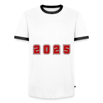 2025 Jahr Zahl - Männer Kontrast-T-Shirt - Weiß/Schwarz - Vorne - AI Model Female 172 light (172cm) & AI Model Male 178 dark (178cm)