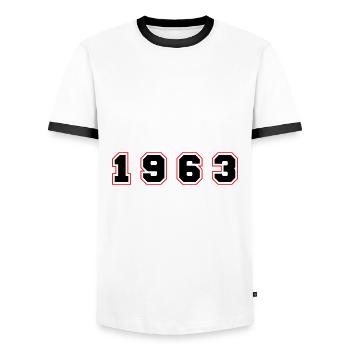 Numéro de l’année 1963 - T-shirt contrasté Homme - blanc/noir - Devant - AI Model Female 172 light (172cm) & AI Model Male 178 dark (178cm)