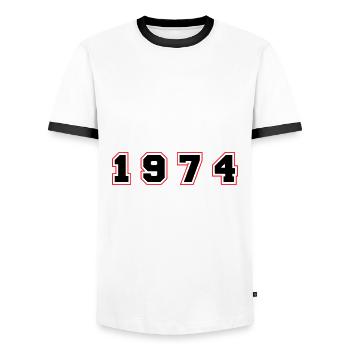 Numéro de l’année 1974 - T-shirt contrasté Homme - blanc/noir - Devant - AI Model Female 172 light (172cm) & AI Model Male 178 dark (178cm)