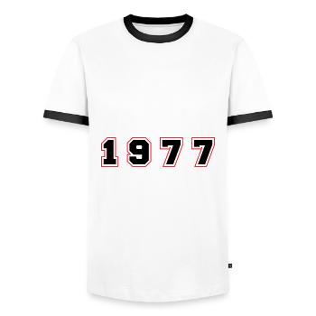 1977 Jahr Zahl - Männer Kontrast-T-Shirt - Weiß/Schwarz - Vorne - AI Model Female 172 light (172cm) & AI Model Male 178 dark (178cm)