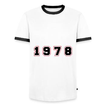 Numéro de l’année 1978 - T-shirt contrasté Homme - blanc/noir - Devant - AI Model Female 172 light (172cm) & AI Model Male 178 dark (178cm)