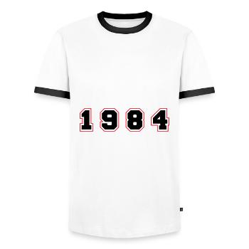 Numéro de l’année 1984 - T-shirt contrasté Homme - blanc/noir - Devant - AI Model Female 172 light (172cm) & AI Model Male 178 dark (178cm)