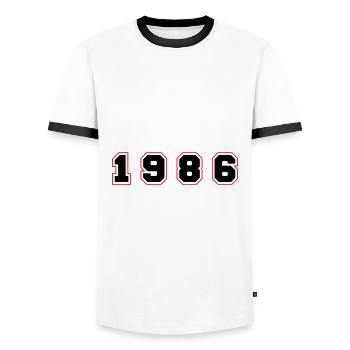 Numéro de l’année 1986 - T-shirt contrasté Homme - blanc/noir - Devant - AI Model Female 172 light (172cm) & AI Model Male 178 dark (178cm)
