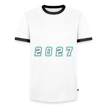 2027 year number - Men's Ringer Shirt - white/black - Front - AI Model Female 172 light (172cm) & AI Model Male 178 dark (178cm)