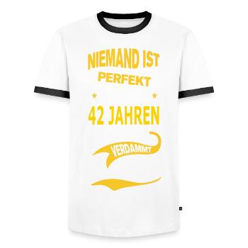 42 JAHREN - Männer Kontrast-T-Shirt - Weiß/Schwarz - Vorne - AI Model Female 172 light (172cm) & AI Model Male 178 dark (178cm)