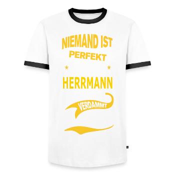 HERRMANN - Männer Kontrast-T-Shirt - Weiß/Schwarz - Vorne - AI Model Female 172 light (172cm) & AI Model Male 178 dark (178cm)