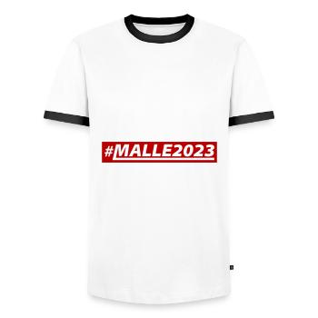 Malle 2023 - Männer Kontrast-T-Shirt - Weiß/Schwarz - Vorne - AI Model Female 172 light (172cm) & AI Model Male 178 dark (178cm)