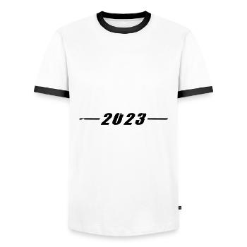 2023 year - Men's Ringer Shirt - white/black - Front - AI Model Female 172 light (172cm) & AI Model Male 178 dark (178cm)