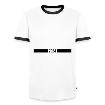 Année 2024 - T-shirt contrasté Homme - blanc/noir - Devant - AI Model Female 172 light (172cm) & AI Model Male 178 dark (178cm)