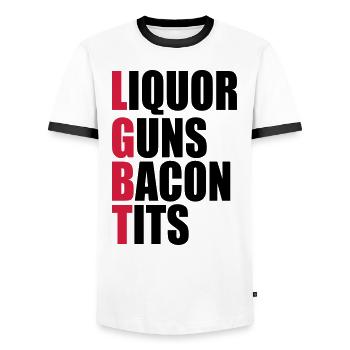 Liquor Guns Bacon & Tits - Men's Ringer Shirt - white/black - Front - AI Model Female 172 light (172cm) & AI Model Male 178 dark (178cm)