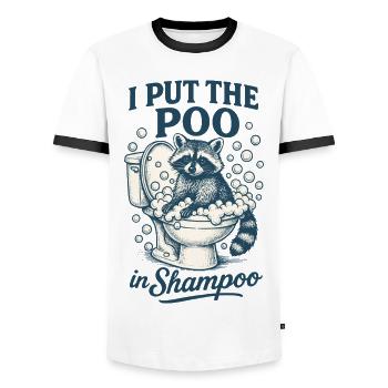 I Put The Poo In Shampoo Raccoon Humor Meme - Men's Ringer Shirt - white/black - Front - AI Model Female 172 light (172cm) & AI Model Male 178 dark (178cm)