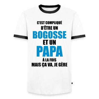 c'est compliqué d'être un bogosse et un papa - T-shirt contrasté Homme - blanc/noir - Devant - AI Model Female 172 light (172cm) & AI Model Male 178 dark (178cm)