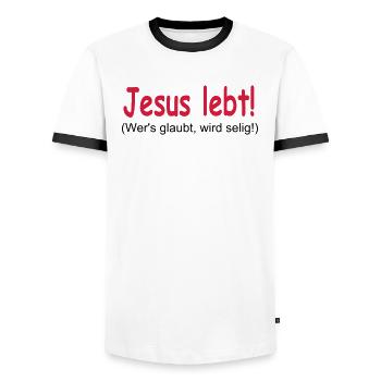Jesus Lebt - Wer's glaubt wird selig! - Männer Kontrast-T-Shirt - Weiß/Schwarz - Vorne - AI Model Female 172 light (172cm) & AI Model Male 178 dark (178cm)