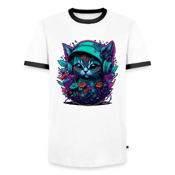 Chat bébé dans la mer de fleurs, en écoutant de la musique - T-shirt contrasté Homme - blanc/noir - Devant - AI Model Female 172 light (172cm) & AI Model Male 178 dark (178cm)