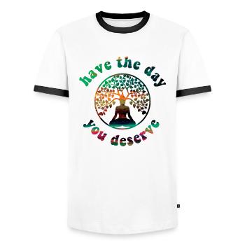 Passez la journée que vous méritez! Bouddha, arbre de vie - T-shirt contrasté Homme - blanc/noir - Devant - AI Model Female 172 light (172cm) & AI Model Male 178 dark (178cm)