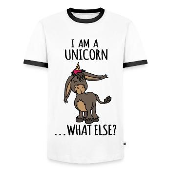 i am a unicorn / Einhorn / Licorne - Männer Kontrast-T-Shirt - Weiß/Schwarz - Vorne - AI Model Female 172 light (172cm) & AI Model Male 178 dark (178cm)