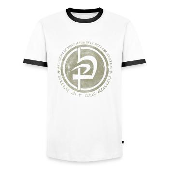 Krav Maga Military Defense Army Gym - Men's Ringer Shirt - white/black - Front - AI Model Female 172 light (172cm) & AI Model Male 178 dark (178cm)