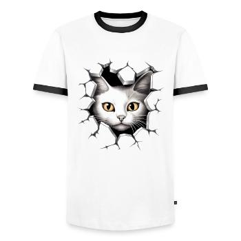 Hole Peekaboo: Baby-Katze auf Abenteuer - Männer Kontrast-T-Shirt - Weiß/Schwarz - Vorne - AI Model Female 172 light (172cm) & AI Model Male 178 dark (178cm)