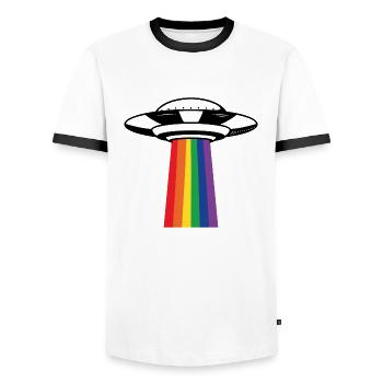 UFO lgbt human rights gift - Men's Ringer Shirt - white/black - Front - AI Model Female 172 light (172cm) & AI Model Male 178 dark (178cm)