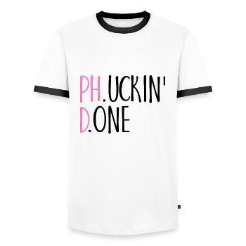 Phucking Fucking Done Phd Graduation Gift - Men's Ringer Shirt - white/black - Front - AI Model Female 172 light (172cm) & AI Model Male 178 dark (178cm)