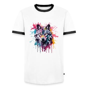Cool Colorful Wolf in Watercolors. Illustration - Men's Ringer Shirt - white/black - Front - AI Model Female 172 light (172cm) & AI Model Male 178 dark (178cm)