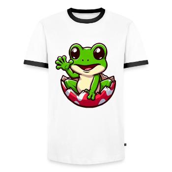 Colorful Easter Egg with Hatching Frog Design - Men's Ringer Shirt - white/black - Front - AI Model Female 172 light (172cm) & AI Model Male 178 dark (178cm)