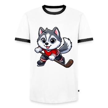 Niedlicher Hund Husky Eishockeyspieler Cartoon - Männer Kontrast-T-Shirt - Weiß/Schwarz - Vorne - AI Model Female 172 light (172cm) & AI Model Male 178 dark (178cm)