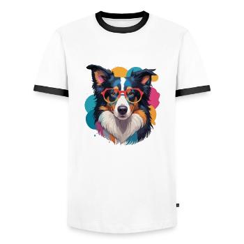 Border Collie Hag avec des lunettes colorées - T-shirt contrasté Homme - blanc/noir - Devant - AI Model Female 172 light (172cm) & AI Model Male 178 dark (178cm)